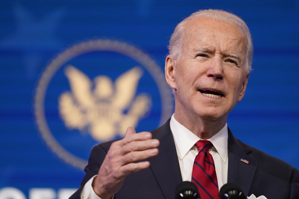 President-elect Joe Biden speaks during an event at The Queen theater, Friday, Jan. 15, 2021, in Wilmington, Del. (AP Photo/Matt Slocum)