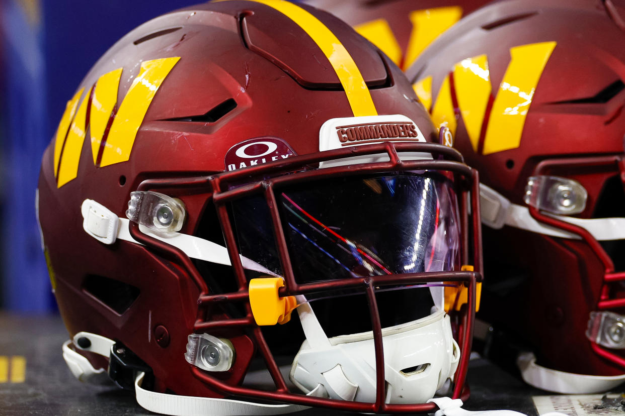 ARLINGTON, TEXAS - NOVEMBER 23: A detail of the Washington Commanders logo on a helmet against the Dallas Cowboys during the first half at AT&T Stadium on November 23, 2023 in Arlington, Texas. (Photo by Brandon Sloter/Image Of Sport/Getty Images)