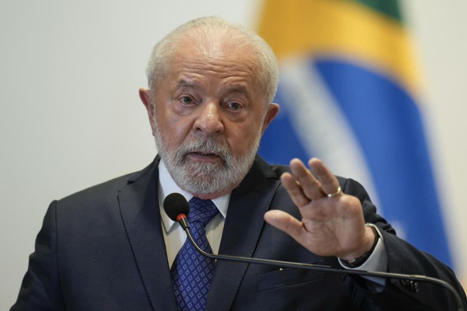 Brazilian President Luiz Inacio Lula da Silva answers a question during a press conference after attending the South American Summit at Itamaraty palace in Brasilia, Brazil, Tuesday, May 30, 2023. South America's leaders are gathering as part of Lula's attempt to reinvigorate regional integration efforts. (AP Photo/Andre Penner)