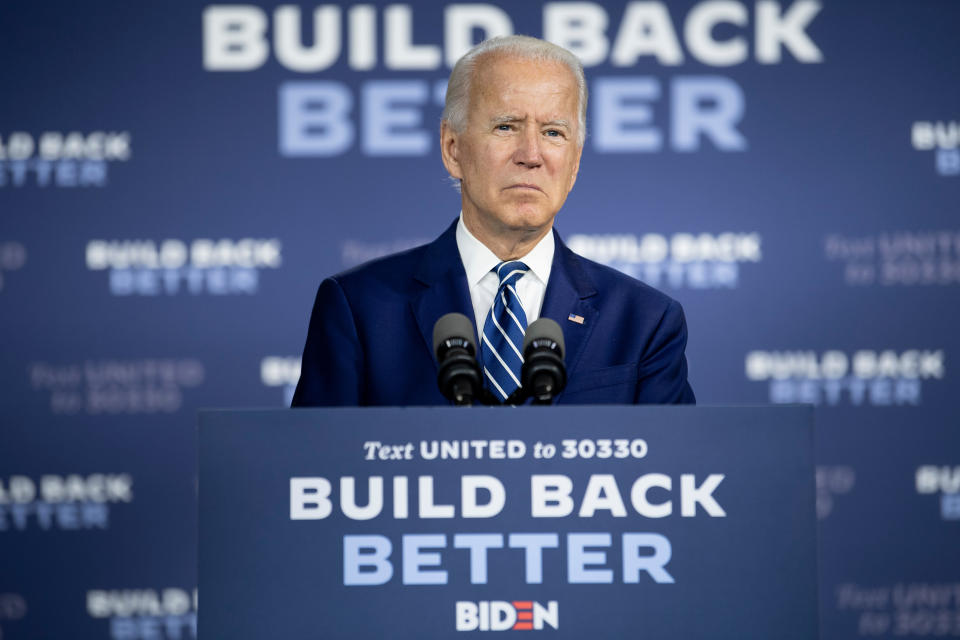 US Democratic presidential candidate Joe Biden speaks about on the third plank of his Build Back Better economic recovery plan for working families, on July 21, 2020, in New Castle, Delaware. (Photo by Brendan Smialowski / AFP) (Photo by BRENDAN SMIALOWSKI/AFP via Getty Images)