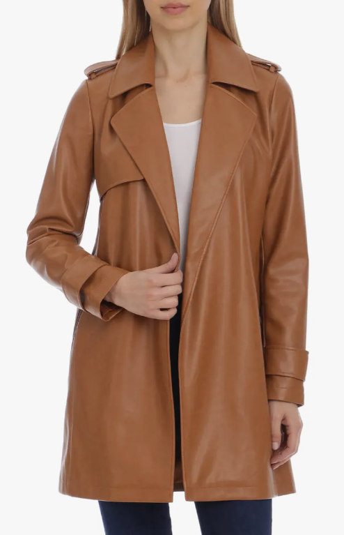 14) Faux Leather Open-Front Trench Coat