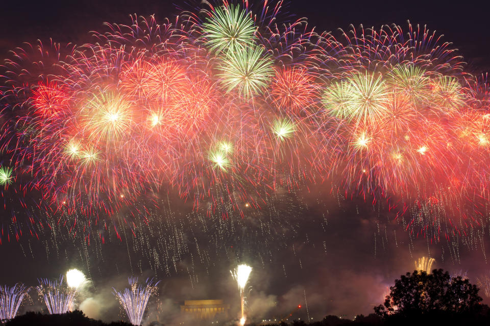 Fireworks light the sky over Lincoln Memorial, Washington Monument and U.S. Capitol, at the National Mall, during the Independence Day celebrations in Washington on Thursday, July 4, 2019, after President Donald Trump's 'Salute to America' remarks at Lincoln Memorial. (AP Photo/Jose Luis Magana)