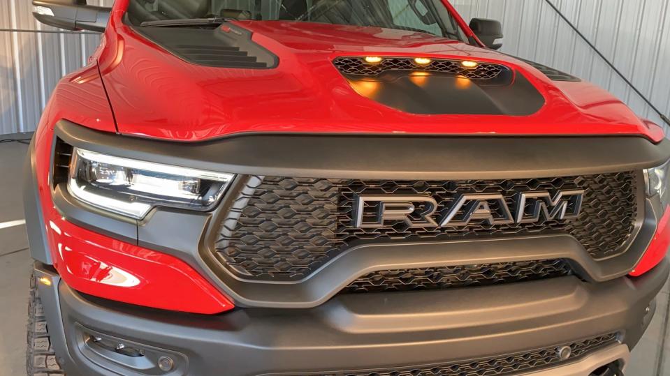 Amber lights in the 2021 Ram 1500 TRX pickup's air scoop