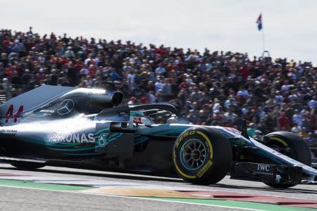 Oct 21, 2018; Austin, TX, USA; Mercedes driver Lewis Hamilton (44) of Great Britain during the United States Grand Prix at Circuit of the Americas. Mandatory Credit: Jerome Miron-USA TODAY Sports