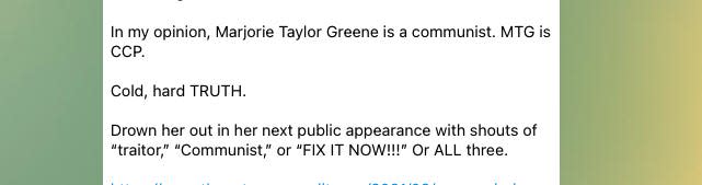 On September 4, Lin Wood wrote on Telegram that Rep. Marjorie Taylor Greene was a "communist."