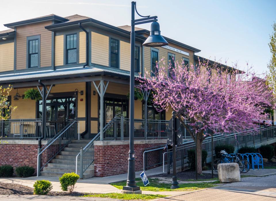 Outside of Hopscotch Coffee & Kitchen, seen on April 19, 2023, is the B-Line Trail.