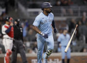 Toronto Blue Jays' Teoscar Hernandez drops his bat after hitting a two-run home run against the Atlanta Braves during the ninth inning of a baseball game Wednesday, May 12, 2021, in Atlanta. (AP Photo/Ben Margot)