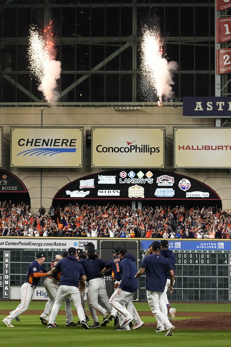 The Houston Astros celebrate their 4-1 World Series win against the Philadelphia Phillies in Game 6 on Saturday, Nov. 5, 2022, in Houston. (AP Photo/David J. Phillip)