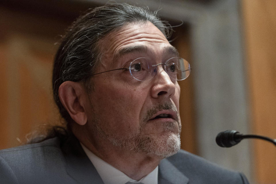 Census Bureau Director nominee Robert Santos, testifies before the Senate Homeland Security and Governmental Affairs committee, Thursday, July 15, 2021, on Capitol Hill in Washington. If confirmed, Robert Santos, a third-generation Mexican American, would be the first person of color to be a permanent head of the nation's largest statistical agency. AP Photo/Jacquelyn Martin)
