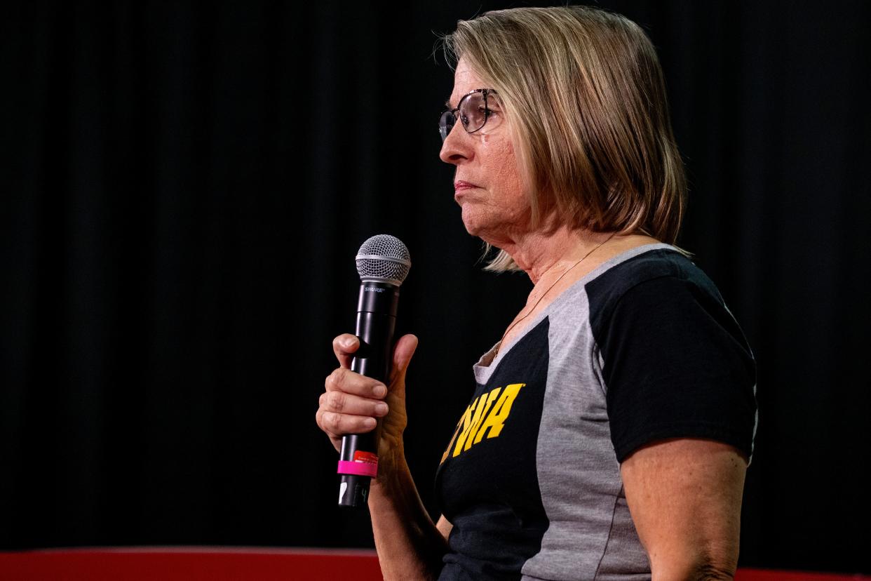 Rep. Mariannette Miller-Meeks, R-Iowa, speaks during her annual Triple MMM Tailgate event in Iowa City, Iowa, on Friday, Oct. 20, 2023. The event featured remarks from several candidates for the Republican Party's nomination for President. (Nick Rohlman/The Gazette via AP)