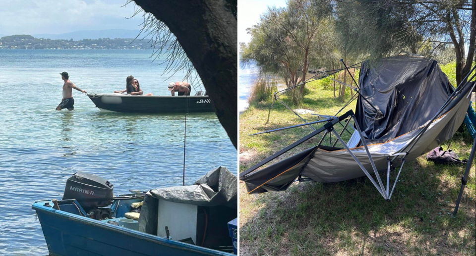 Image of the group in their tinnie on the left. Image of the broken gazebo left behind at the camping site on the right.