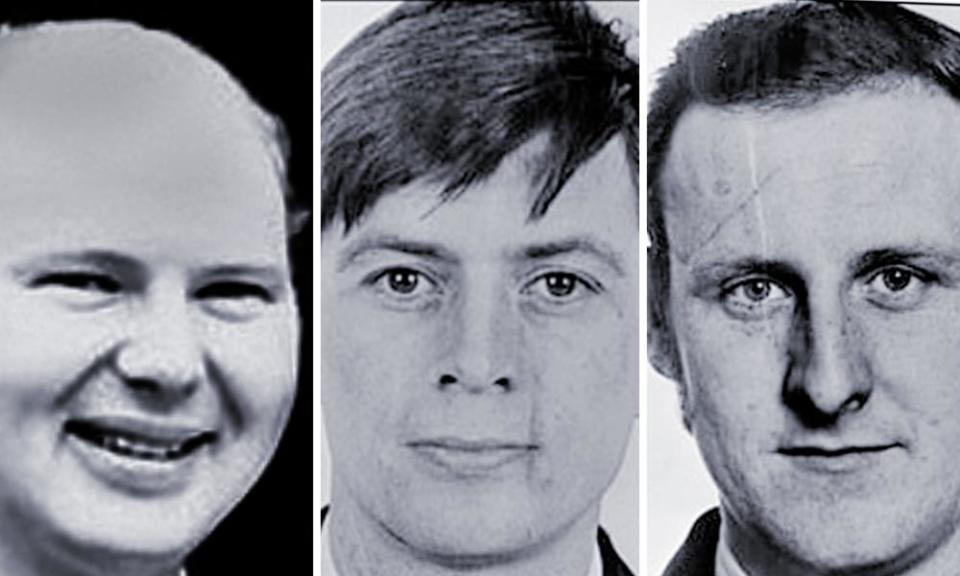 From left: Paul Hamilton, Alan McCloy and Sean Quinn, who were killed in the bomb attack in 1982.