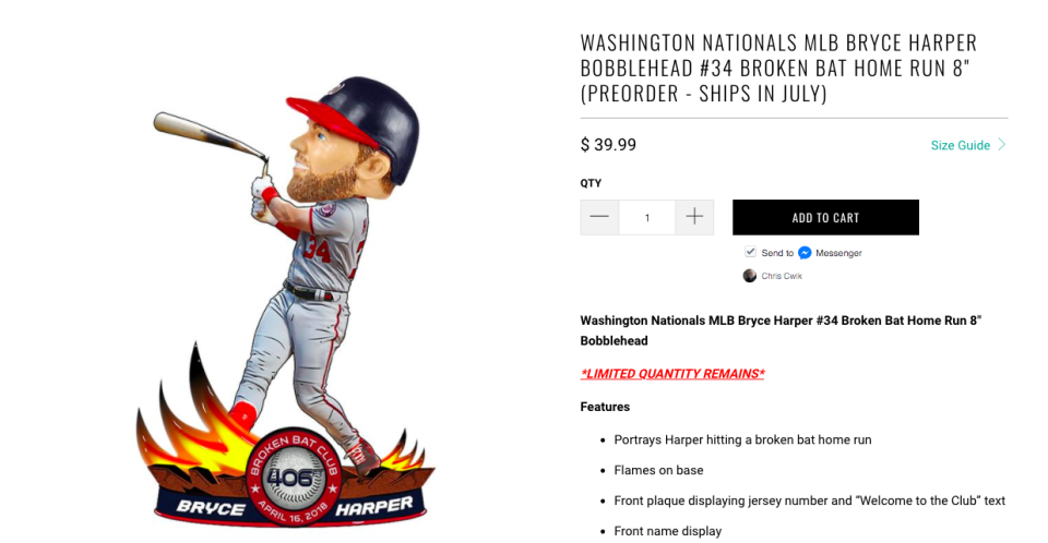 Bryce Harper’s broken bat has its own bobblehead now. (Screen shot via Sports Fan Island)