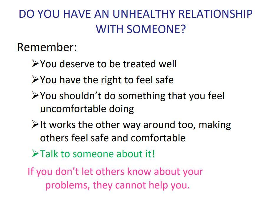 A slide covering healthy relationship advice, which educator Teresa Norris said was part of the presentation.