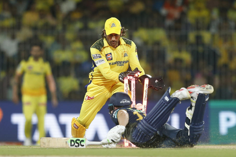 Chennai Super Kings' MS Dhoni tries unsuccessfully the wicket of Gujarat Titans' David Miller during the Indian Premier League cricket tournament between between Chennai Super Kings and Gujarat Titans, in Chennai, India, Tuesday, March 26, 2024. (AP Photo/R. Parthibhan)