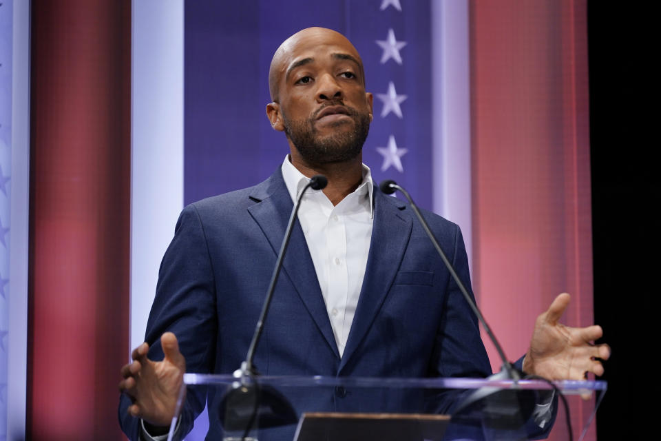 FILE - Wisconsin Lt. Gov. and Democratic U.S. Senate candidate Mandela Barnes participates in a televised Wisconsin Democratic U.S. Senate debate in Milwaukee, July 17, 2022. (AP Photo/Morry Gash, File)