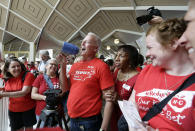 <p>Mark Jewell, president of the North Carolina Association of Educators asks teachers to refrain from chanting and causing a disturbance outside the House and Senate chambers during a teachers rally at the General Assembly in Raleigh, N.C., Wednesday, May 16, 2018. (Photo: Gerry Broome/AP) </p>