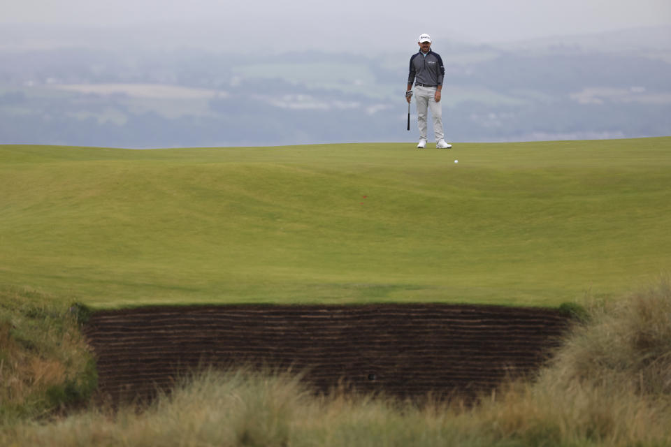 United States' Brian Harman looks at his putt on the 14th green during the third day of the British Open Golf Championships at the Royal Liverpool Golf Club in Hoylake, England, Saturday, July 22, 2023. (AP Photo/Peter Morrison)