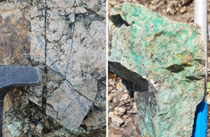 Typical porphyry B-type veins in outcrop (left) and outcropping copper oxide mineralization (right) from within the core area of high-grade mineralization (shown on Figure 1).