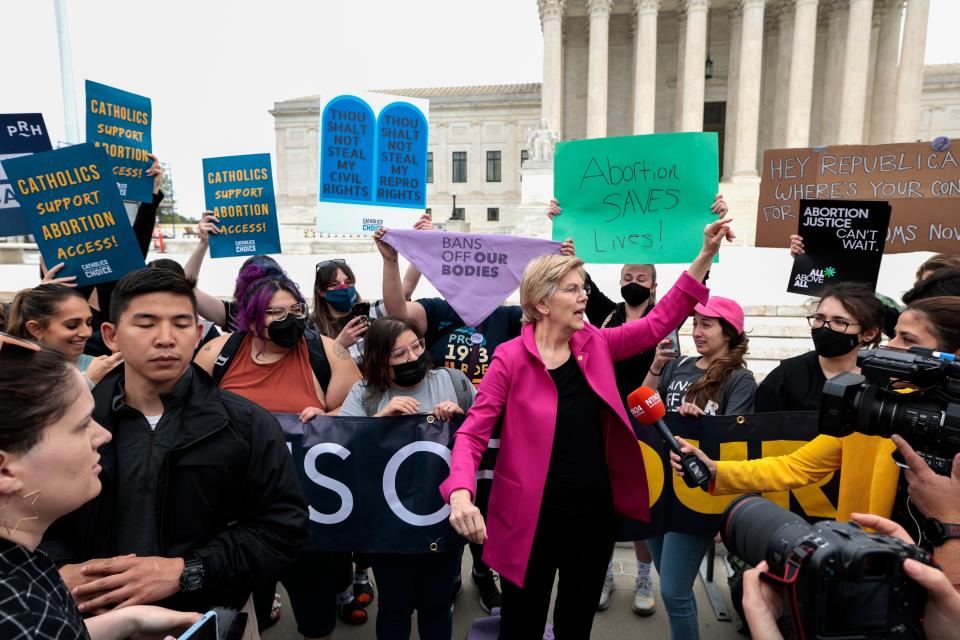 U.S. Sen. Elizabeth Warren (D-MA) speaks to pro-choice demonstrators outside of the U.S. Supreme Court Building on May 03, 2022 in Washington, DC.
