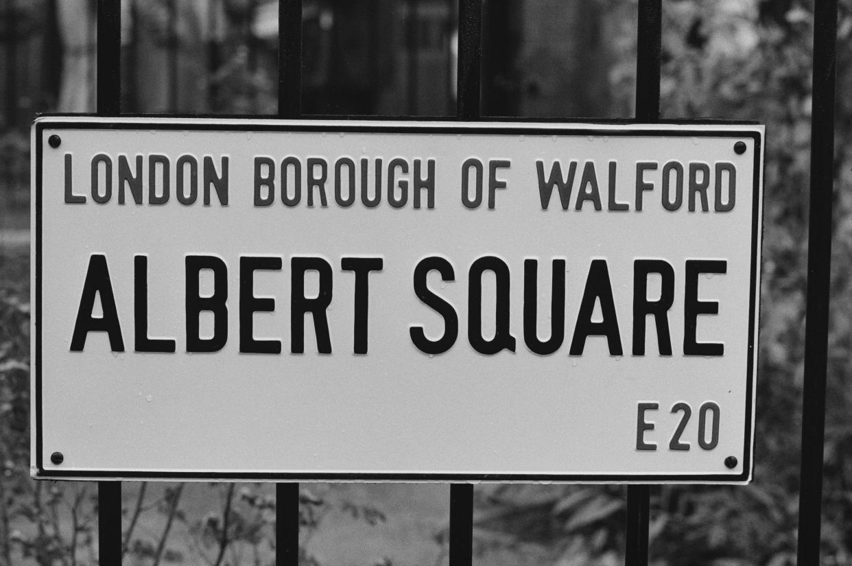 'Albert Square, London Borough of Walford' fictional sign and borough in  in the BBC soap opera EastEnders, UK, 10th October 1984. (Photo by Daily Express/Hulton Archive/Getty Images)
