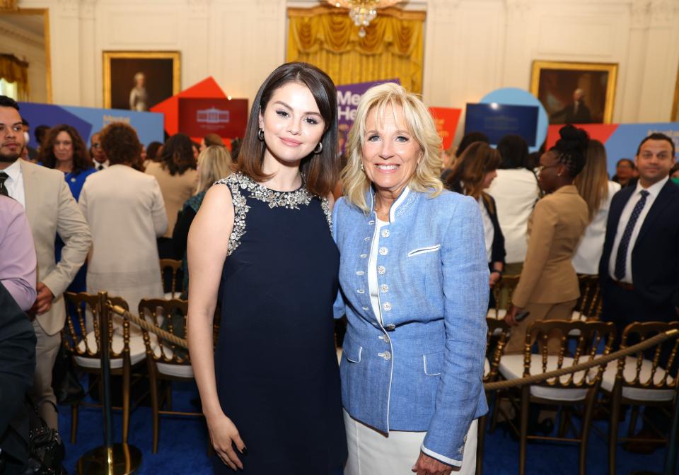 First lady Jill Biden and Selena Gomez pose during a first-ever Mental Health Youth Forum, hosted by MTV Entertainment at the White House on May 18, 2022.