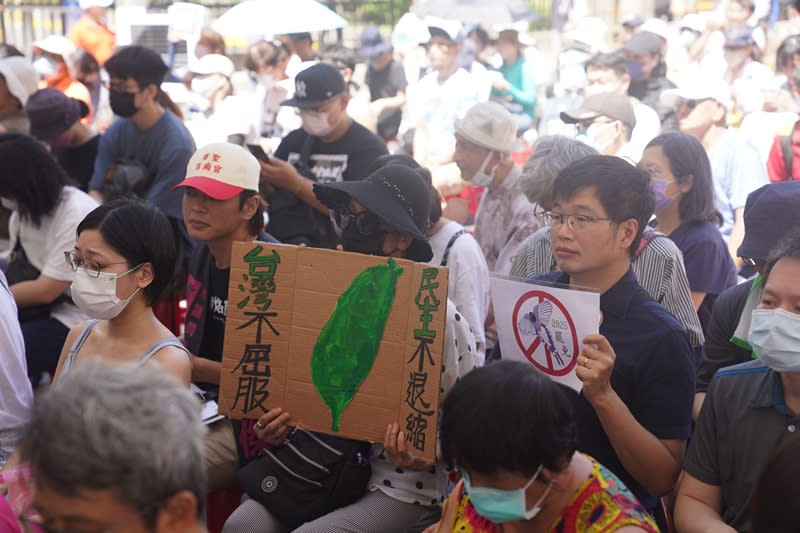 立法院21日表決行政院對國會改革法案修法所提覆議案，超過50個公民團體的「青鳥行動」集結立院外聲援，訴求拒絕民主倒退、警告中國國民黨等主張。支持者舉自製標語表達立場。（中央社）