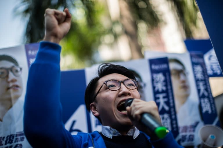 Hong Kong activist Edward Leung, one of the leaders of 'localist' group Hong Kong Indigenous, campaigns during the New Territories East by-election in Hong Kong, on February 28, 2016