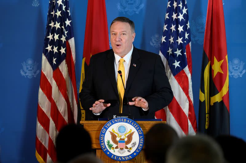 U.S. Secretary of State Mike Pompeo speaks at a business leaders reception at the Museu de Moeda in Luanda