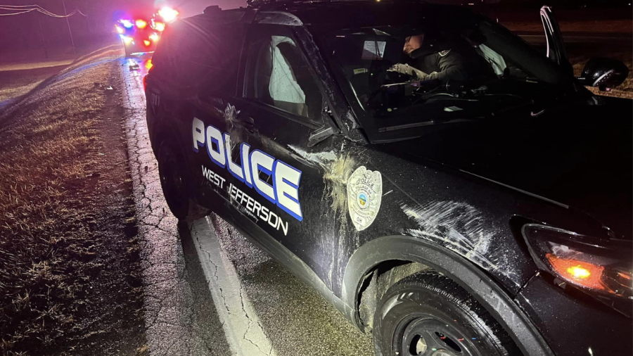 Two people were hospitalized with serious injuries after their car collided with a West Jefferson police cruiser, Jan. 28, 2024 (Courtesy/West Jefferson Police Department)