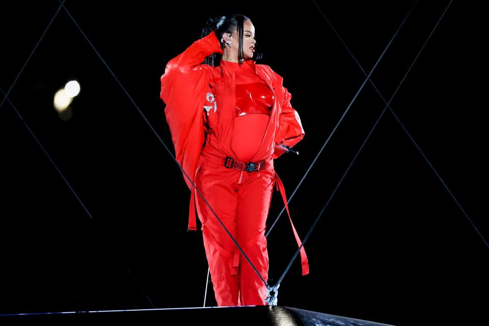 Rihanna performs onstage during the Apple Music Super Bowl LVII Halftime Show at State Farm Stadium on February 12, 2023 in Glendale, Arizona.