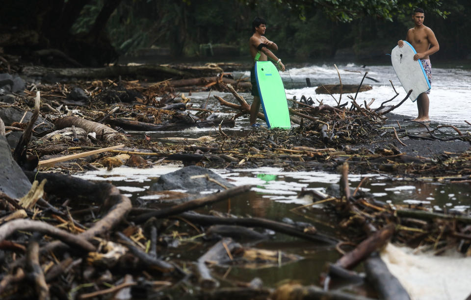 Two bodyboarders holding their boards wait to enter the ocean near the remains of trees destroyed by flooding after Hurricane Lane.