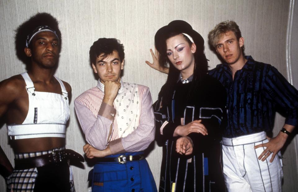 (MANDATORY CREDIT Ebet Roberts/Getty Images) UNITED STATES - JANUARY 01:  Photo of BOY GEORGE and CULTURE CLUB; Mikey Craig, Jon Moss, Boy George, Roy Hay  (Photo by Ebet Roberts/Redferns)