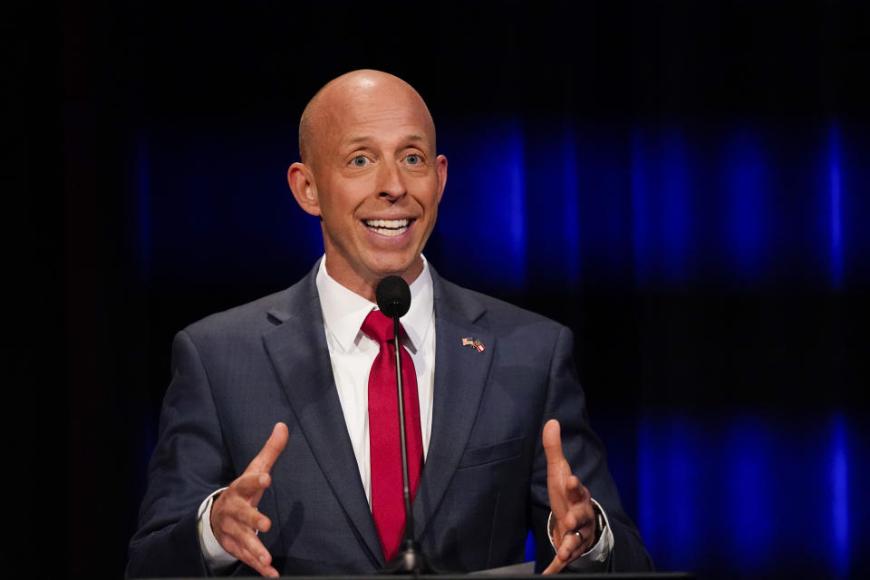 Georgia U.S. Senate candidate Josh Clark participates in a Republican primary debate on Tuesday, May 3, 2022, in Atlanta. (AP Photo/Brynn Anderson, Pool)