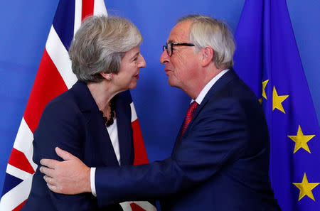 British Prime Minister Theresa May is welcomed by European Commission President Jean-Claude Juncker ahead of the European Union leaders summit in Brussels, Belgium October 17, 2018. REUTERS/Francois Lenoir