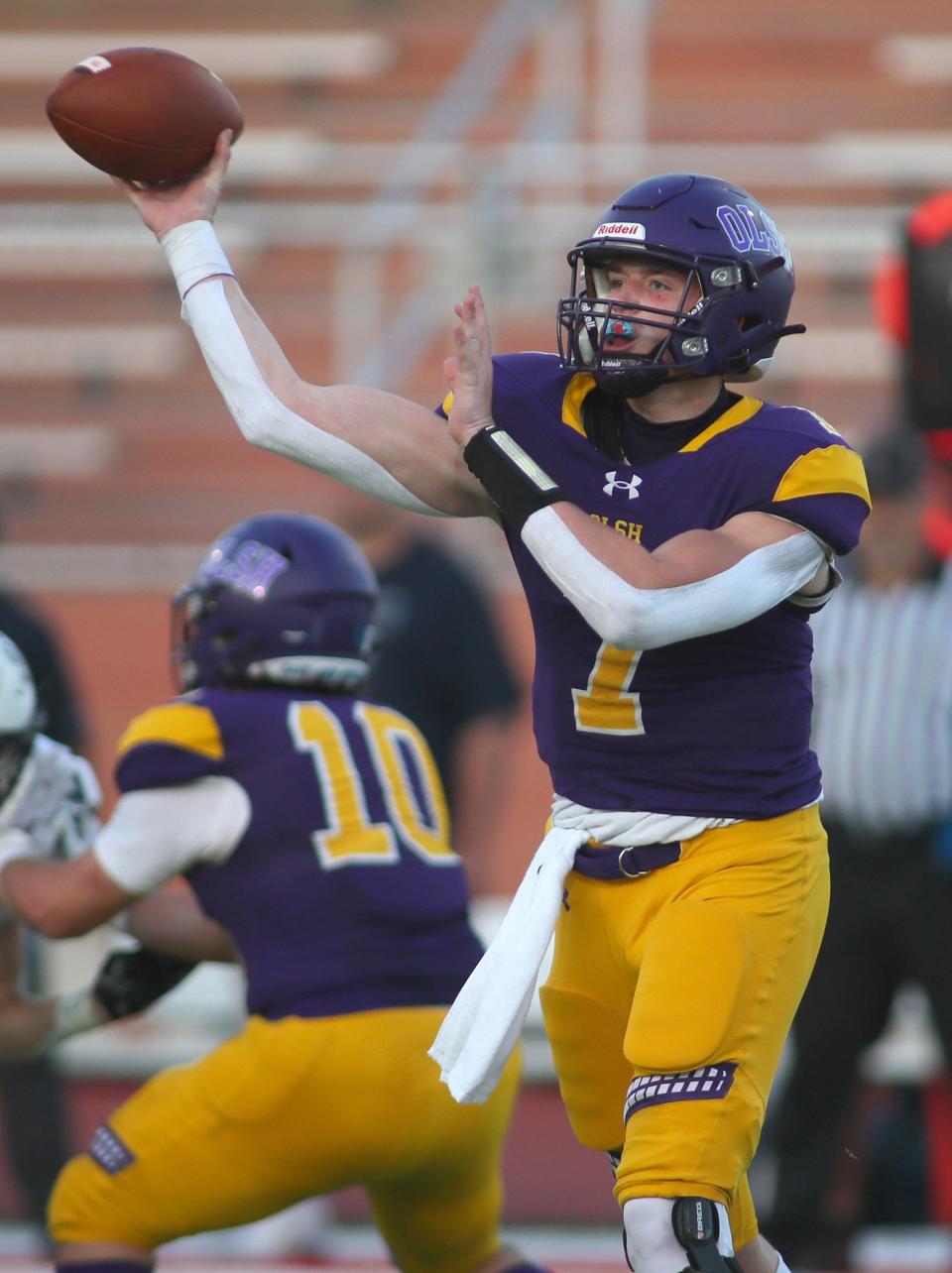 OLSH's Vann Kavals fires the ball downfield during the first half against Rochester Saturday night at Moon Area High School.