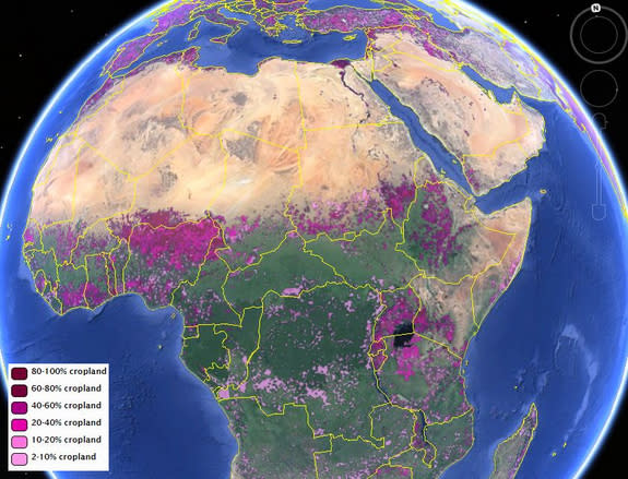 A map of land dedicated to farming in Africa.