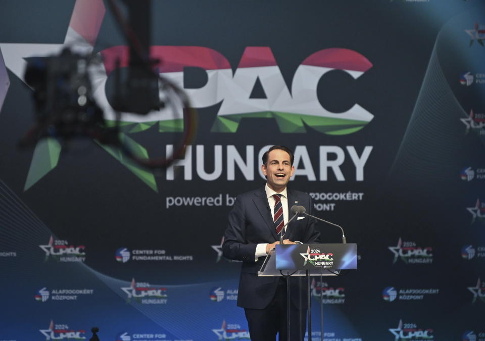 FILE - Chairman of the Belgian Vlaams Belang party Tom Van Grieken speaks at the third Hungarian edition of the Conservative Political Action Conference (CPAC Hungary), in Budapest, Hungary, Thursday, April 25, 2024. Belgian voters return to the polls on Sunday, June 9, 2024, amid an expected rise of both the far-right and the far-left. Two Flemish nationalist parties are poised to gather the largest shares of votes in Flanders, with the far-right Vlaams Belang, which backs independence for Flanders, expected to win more than 25% of the vote. (Noemi Bruzak/MTI via AP, File)