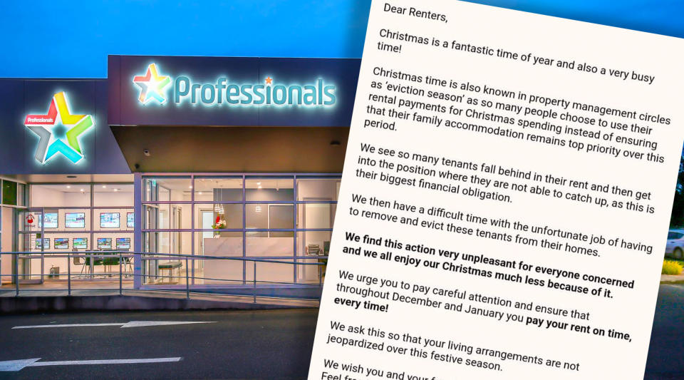 A letter telling tenants to prioritise paying rent at Christmas or face eviction imposed on a picture of Professional real estate office. 