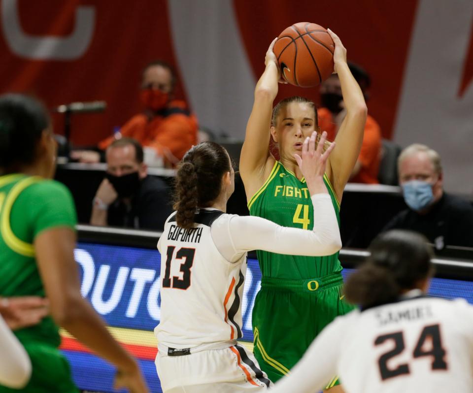 Oregon’s Jaz Shelley, top, looks for an open teammate during the second half against Oregon State Dec. 13, 2020.
