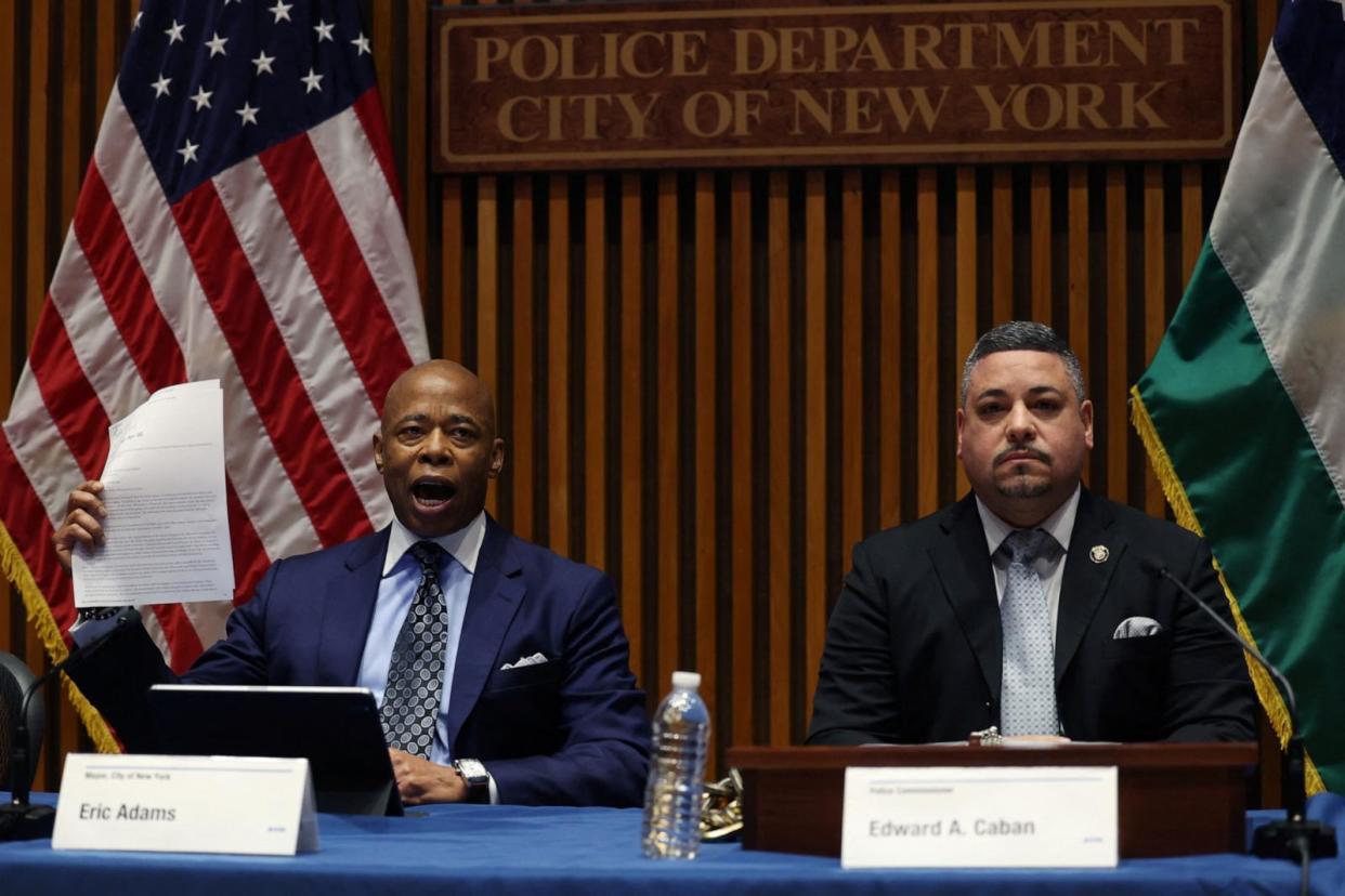 PHOTO: New York City Police Department (NYPD) Commissioner Edward Caban and Mayor Eric Adams appear at a press conference in New York City, May 1, 2024. (Mike Segar/Reuters)