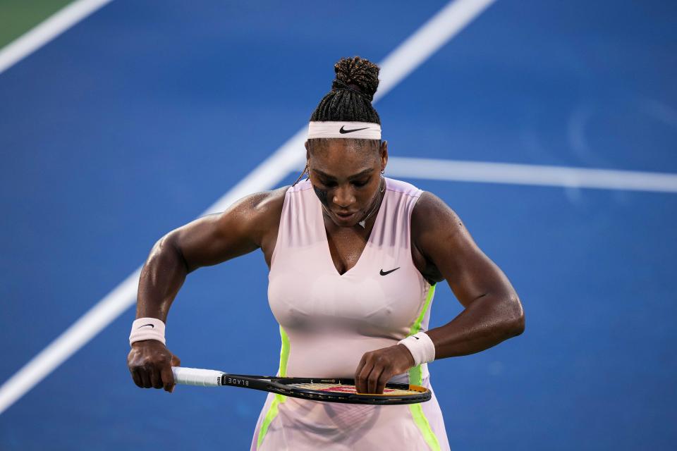 Serena Williams, a 23 time major champion took Center Court during the Western & Southern Open at the Lindner Family Tennis Center in Mason Tuesday, August 16, 2022.  Williams lost to Emma Raducanu in one of her last matches before she retires. 