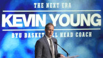 BYU men's basketball coach Kevin Young speaks during an introductory news conference Wednesday, April 17, 2024, in Provo, Utah. (AP Photo/Rick Bowmer)