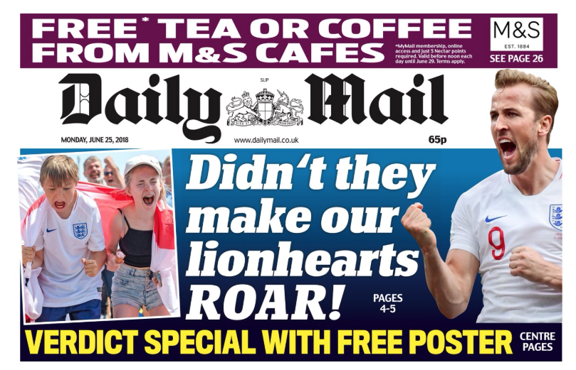 National pride: The Daily Mail said England’s display ‘made our lionhearts roar’. (Twitter)