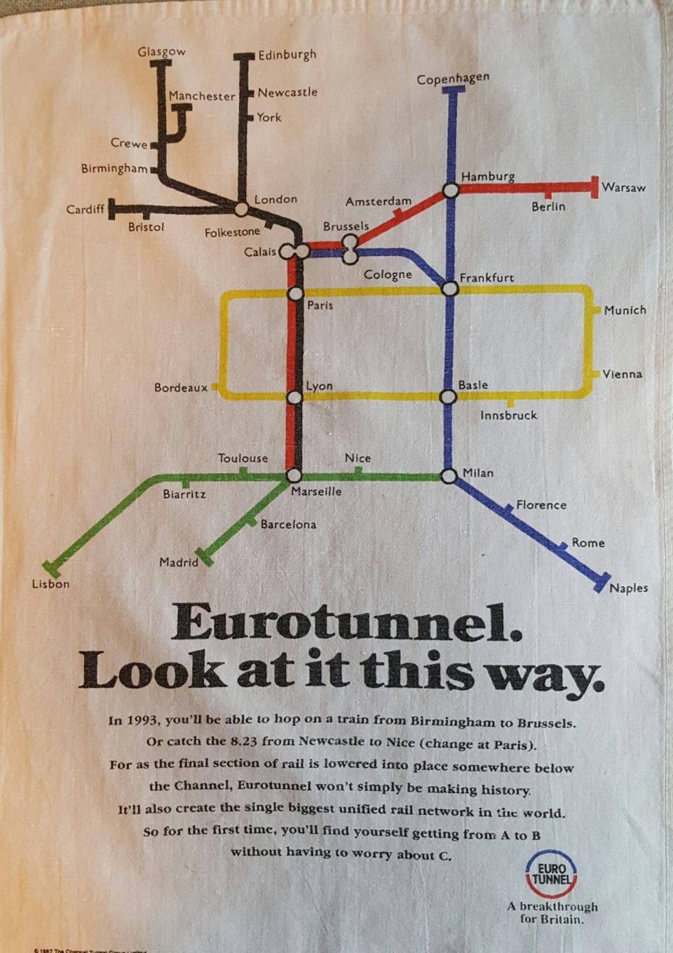 The 1987 Eurotunnel advert, printed on a teatowel