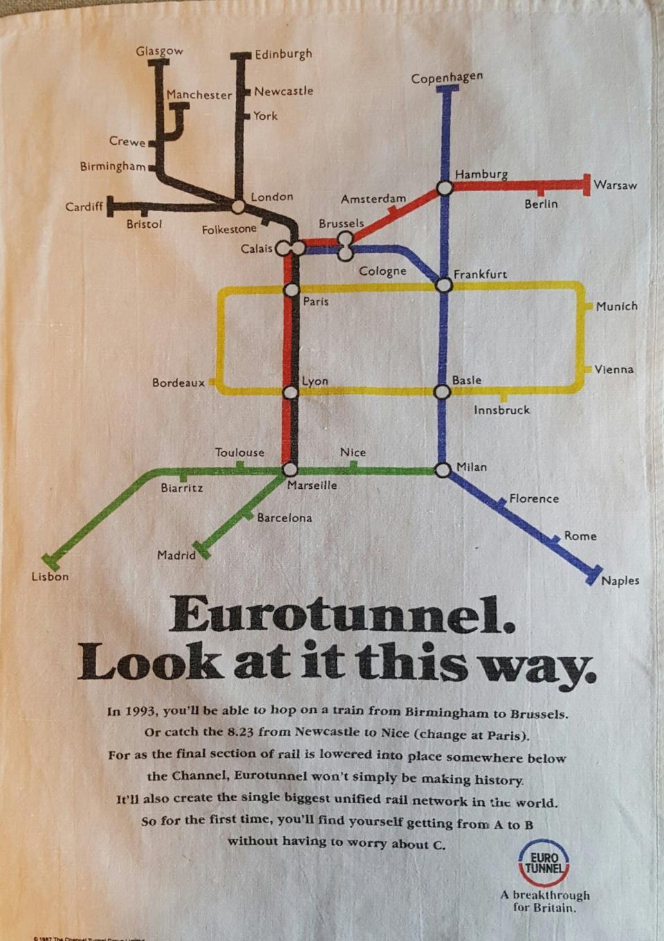 1987 Eurotunnel advertisement printed on a towel