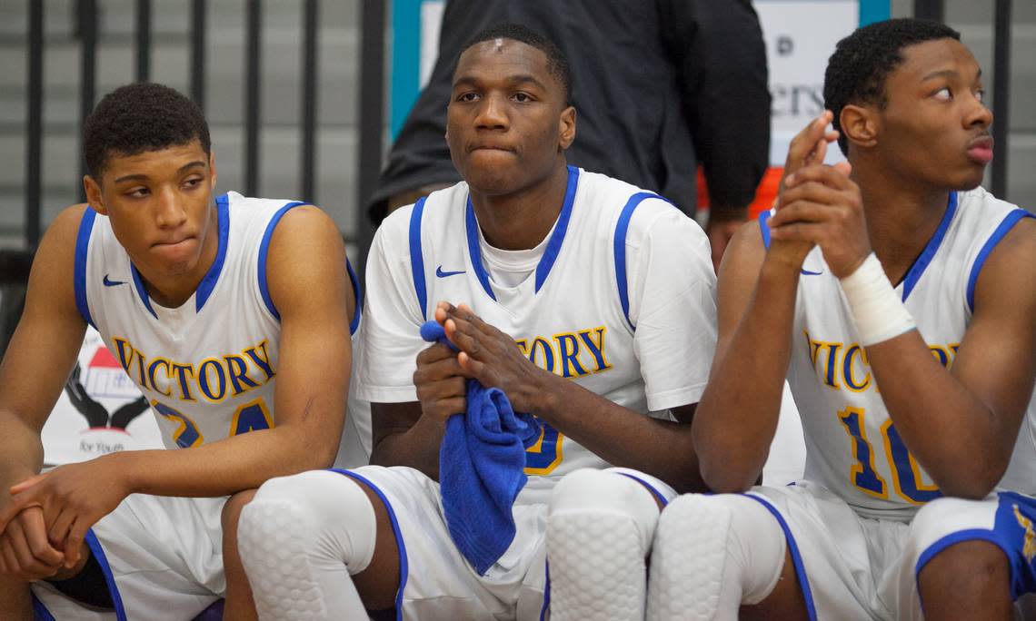 Victory Christian’s Ebuka Izundu (center) became one of the nation’s hottest recruits in the spring of 2015. Photo by JASON E. MICZEK - Special to the Observer