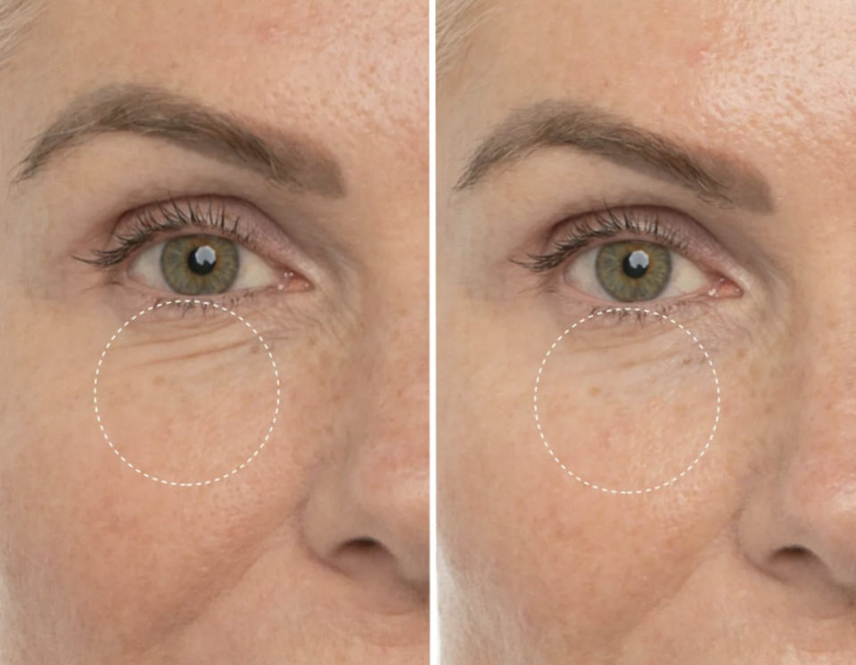 close up of white woman's face showing anti-aging serum results