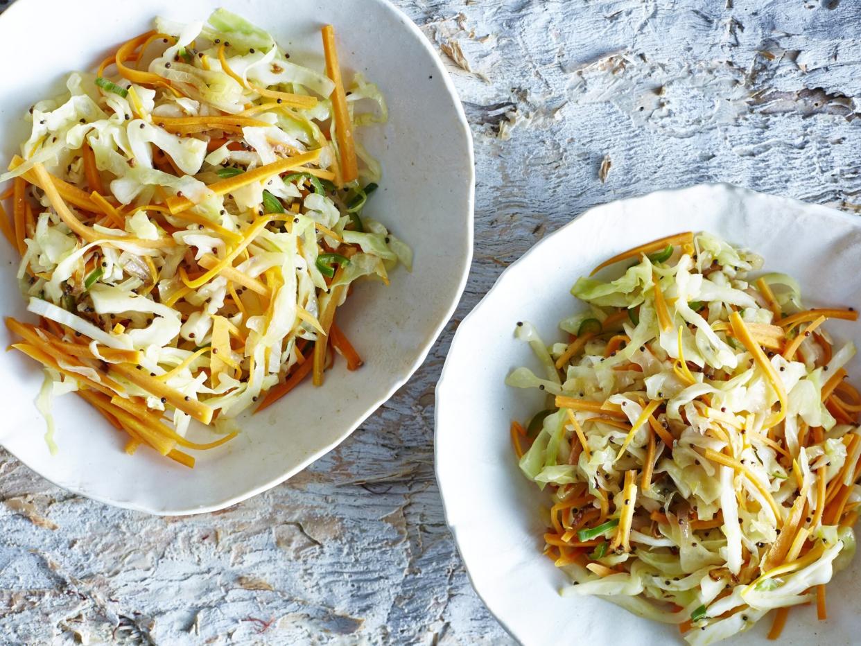 Still life with bowls of Mauritian pickled coleslaw (zasar)