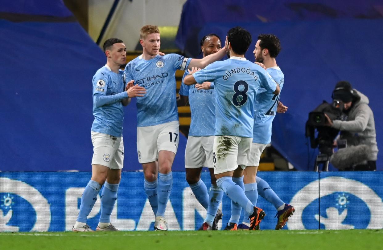 Kevin De Bruyne (second left) scored Man City’s third (Getty Images)